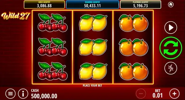 Wild 27 Game main screen with cherries, lemons, oranges, red sevens and progressive jackpot panel